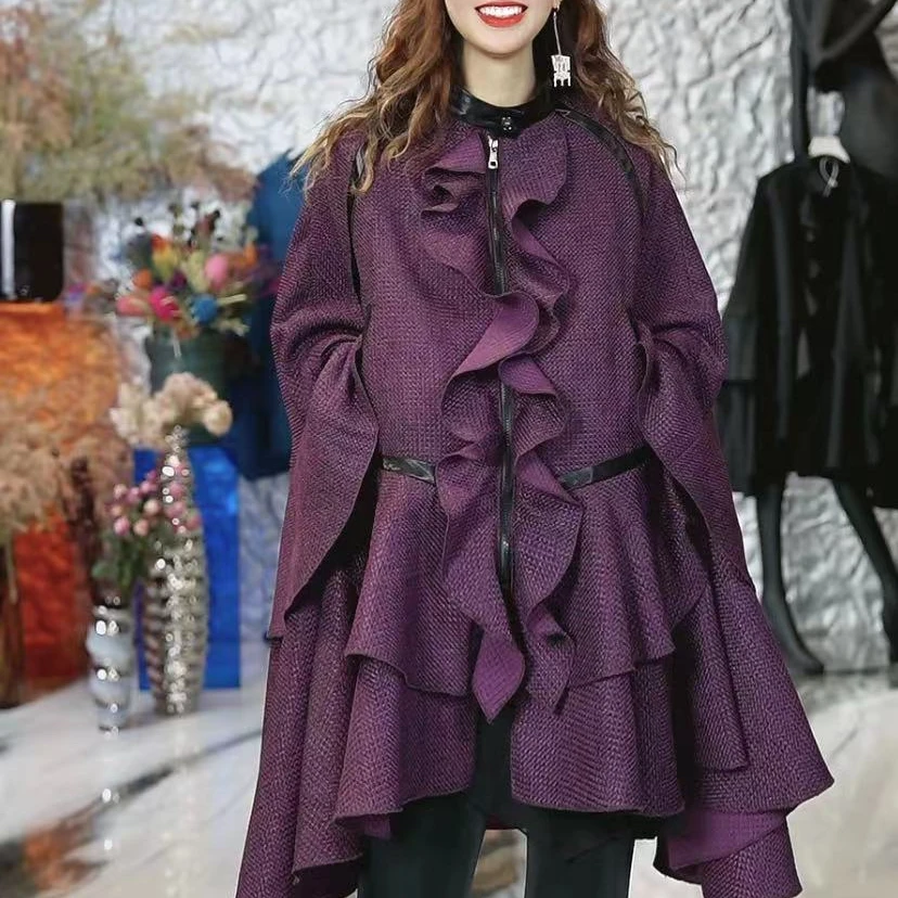 630篱君秋冬新款斗篷原创设计洋气气质款花边宽松外套紫色显瘦