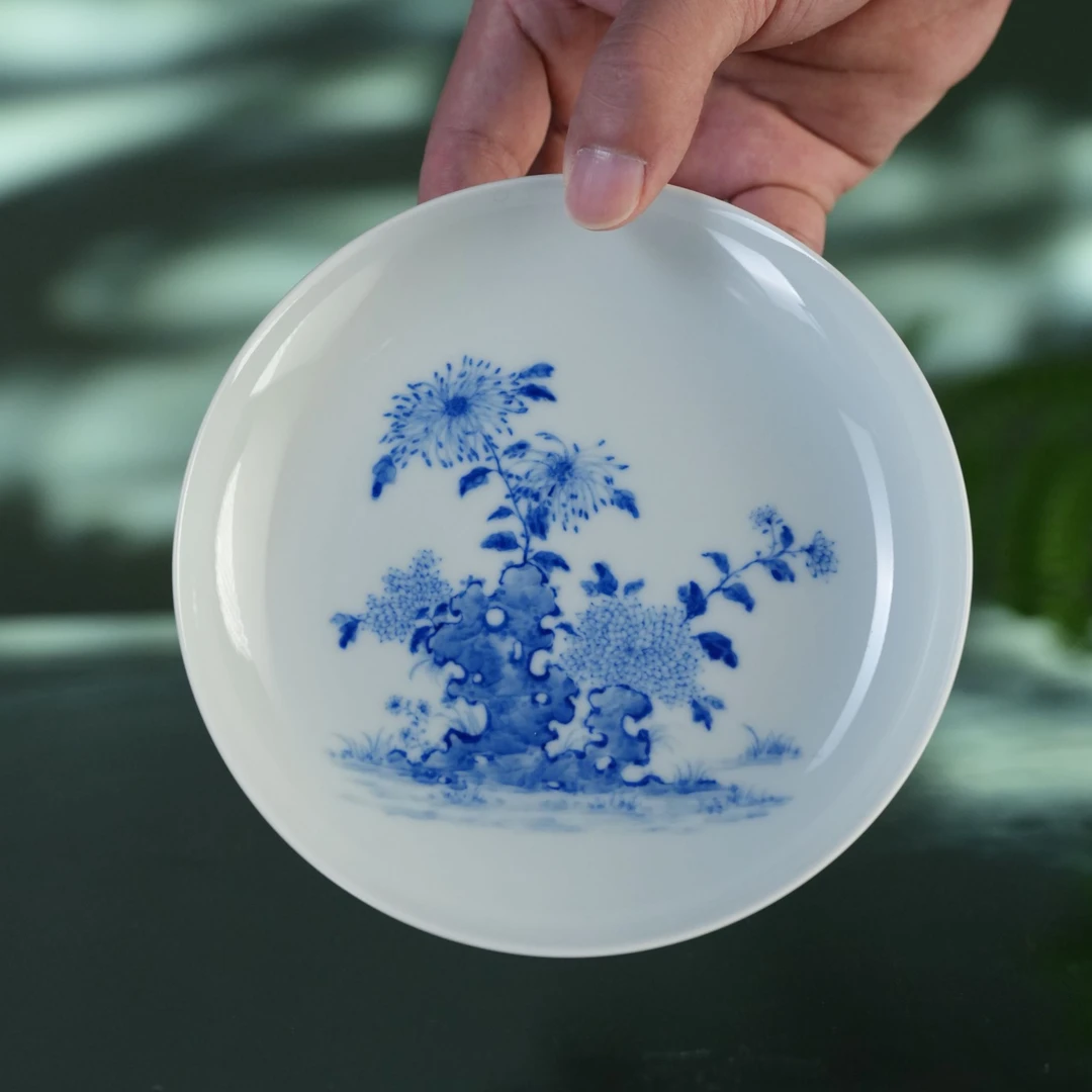 看山语器菊石图壶承景德镇手工绘陶瓷青花霸王菊茶盘