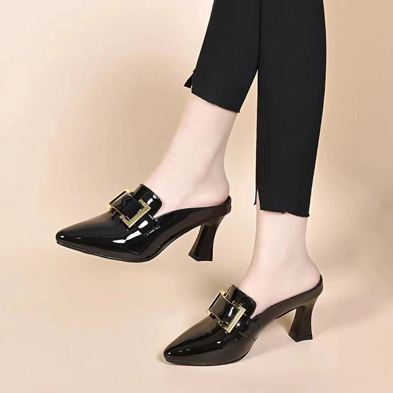 包头半拖鞋女外穿2025年新款尖头漆皮穆勒鞋法式高跟鞋夏季凉拖鞋