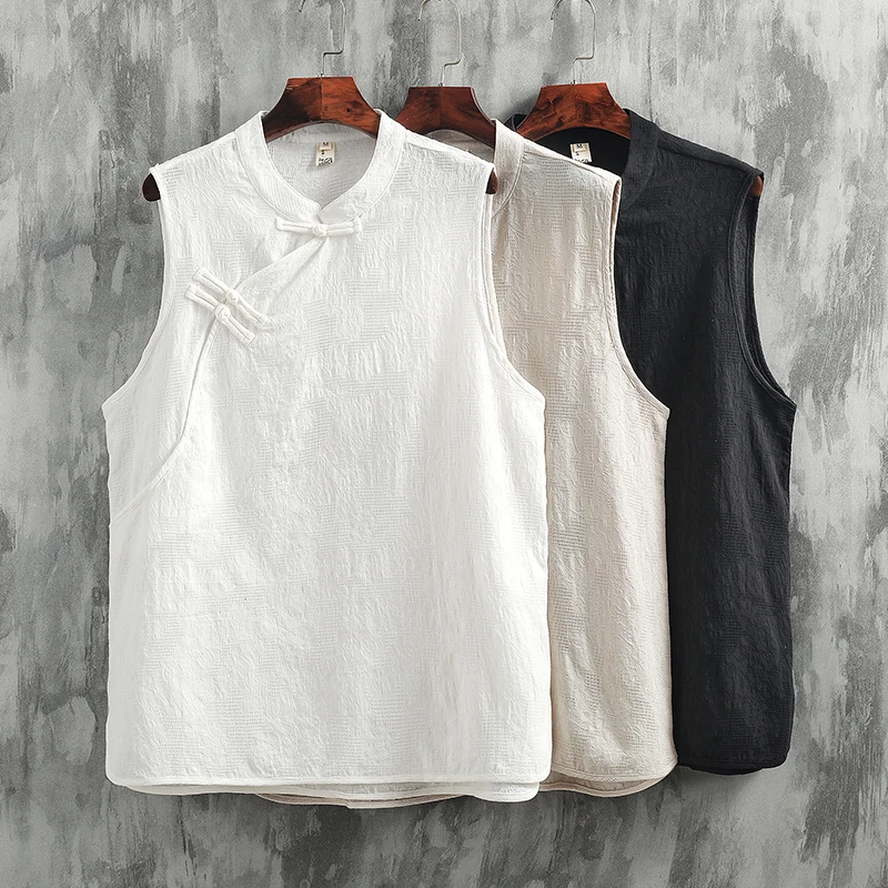 新中式穿搭 中国风男装提花亚麻背心唐装无袖坎肩 夏季 棉麻汗衫
