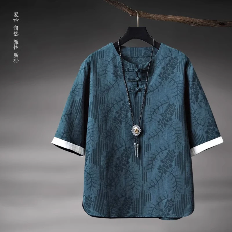 中国风轻薄透气提花棉麻短袖t恤男夏季中式唐装复古宽松亚麻半袖