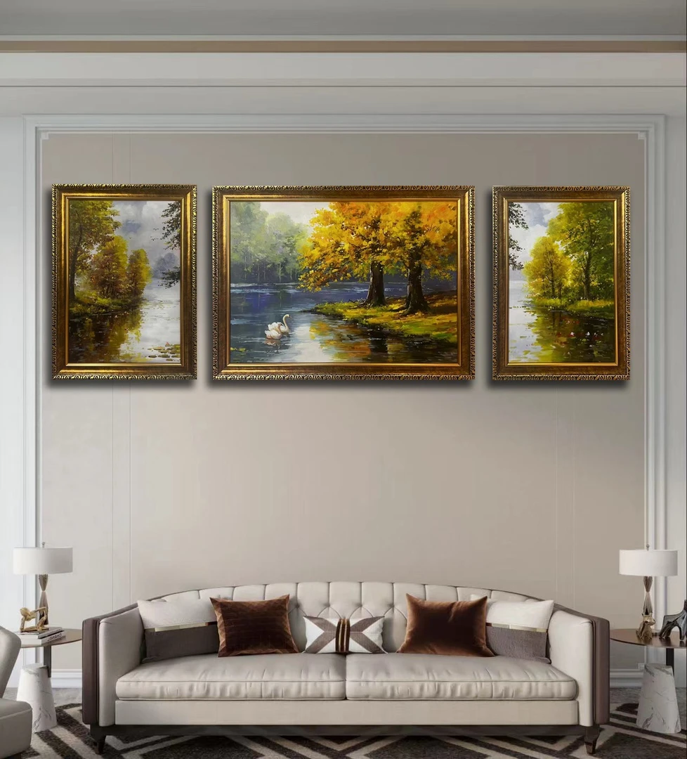 纯手绘油画【三联画】带框油画卧室玄关客厅温馨