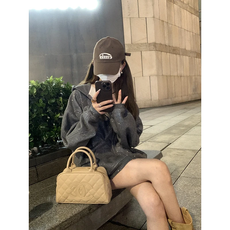 银河细闪高品质加绒宽松休闲慵懒显瘦连帽卫衣开衫外套