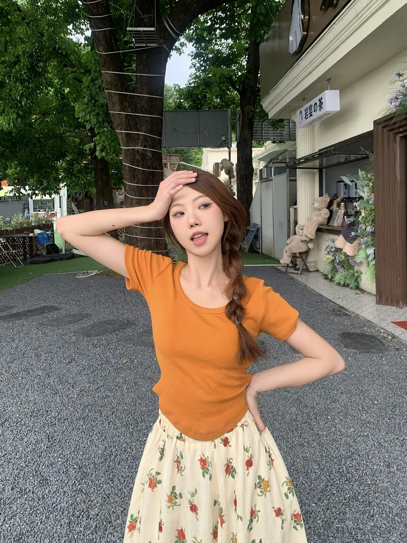 u领短袖t恤女2025新款夏季弧形下摆设计感小众纯色正肩上衣体恤