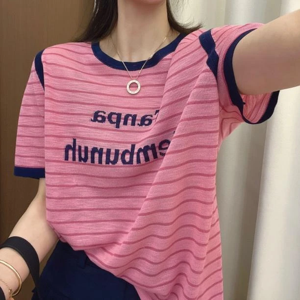 韩系字母撞色条纹针织短袖T恤镂空设计感高级感宽松显瘦上衣