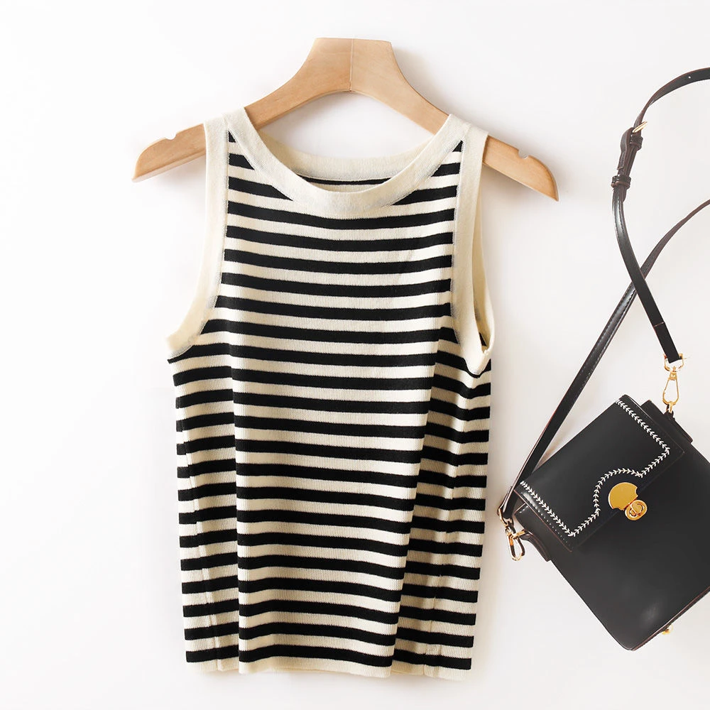 黑白条纹吊带背心女士内搭春夏新款法式无袖上衣撞色宽松打底衫