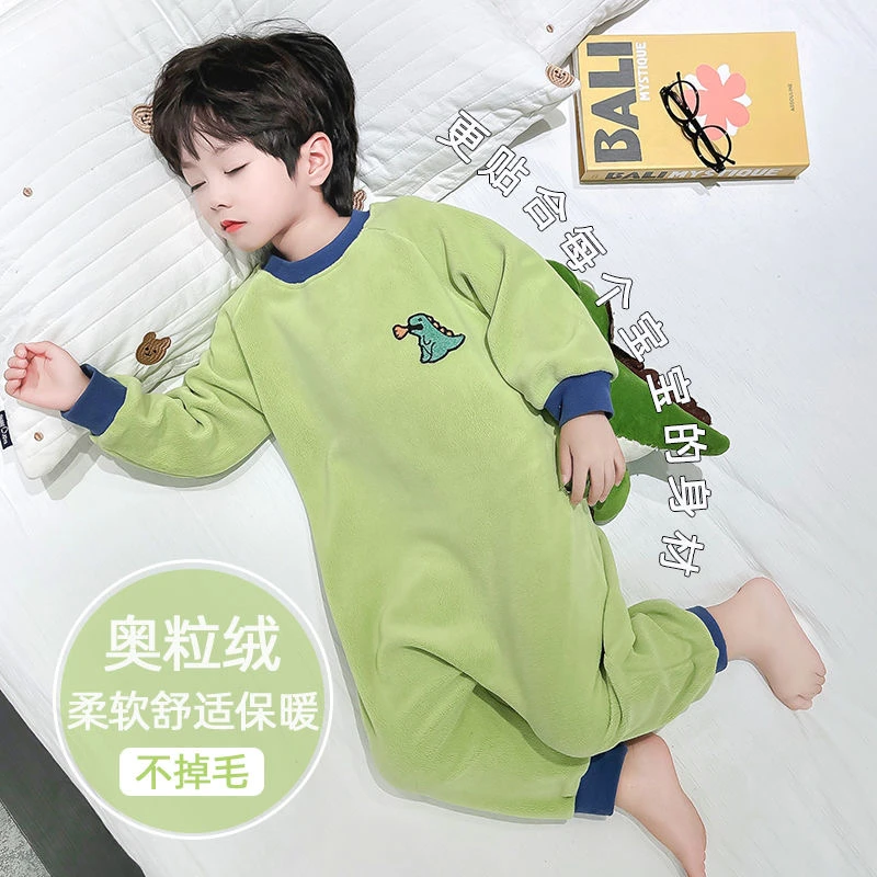 婴儿奥粒绒连体衣秋冬季加厚保暖儿童珊瑚绒睡衣男童宝宝恐龙衣服