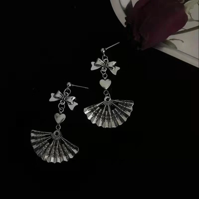 冷淡风扇子蝴蝶结耳环复古做旧金属长款个性气质百搭耳钉女百搭