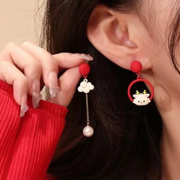 龙年耳环不对称设计云朵耳饰祥云红色祥云耳坠长款耳环新中式国风