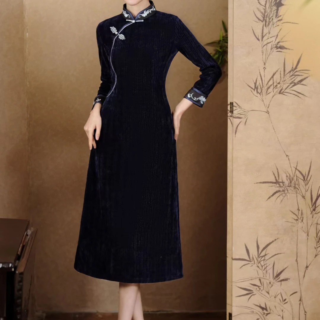 蓝色2023年秋冬新款雪尼尔气质优雅端庄改良不开叉旗袍