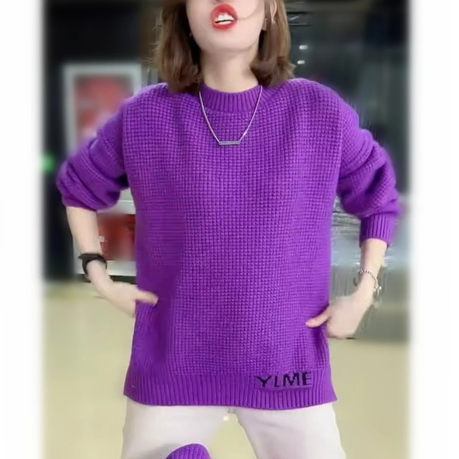 2025秋冬新款毛衣女圆领针织衫宽松遮百搭肉软糯长袖纯色休闲上衣