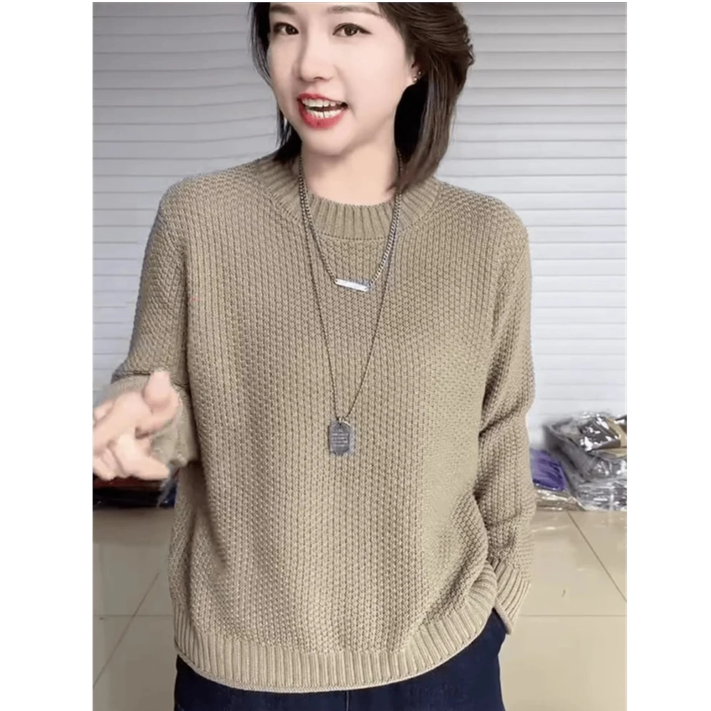 圆领针织衫秋冬百搭毛衣2025年纯色简约打底衫女装显瘦宽松复古