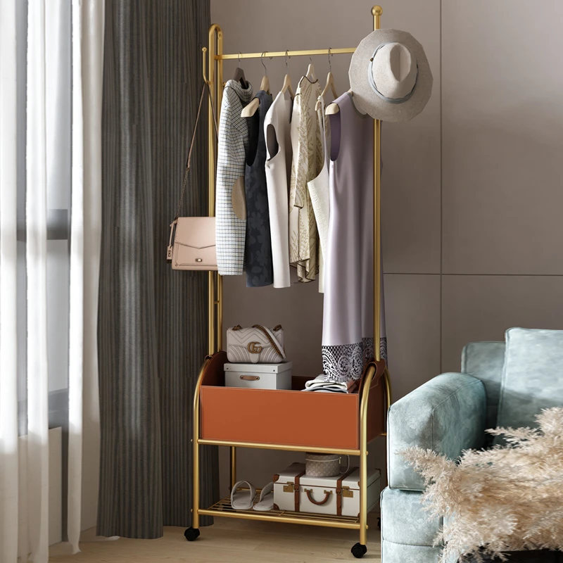 皮革落地式挂衣架带轮可移动省空间晾衣架卧室北欧轻奢简易衣帽架