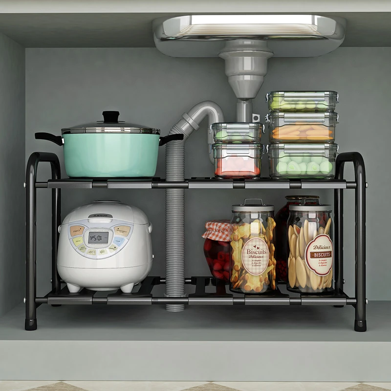 厨房下水槽置物架厨具锅架分层伸缩收纳架多层落地橱柜收纳架子