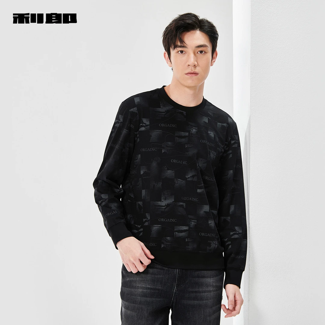 【利郎官方】卫衣男士上衣时尚户外圆领春季新款长袖舒适印花上衣男