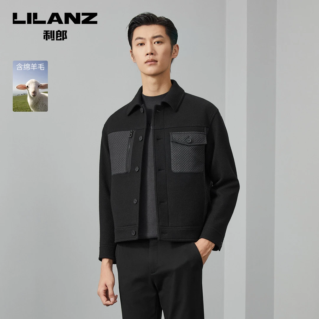 【绵羊毛】利郎官方毛呢大衣男2023秋商务时尚翻领拼接款男士外套潮