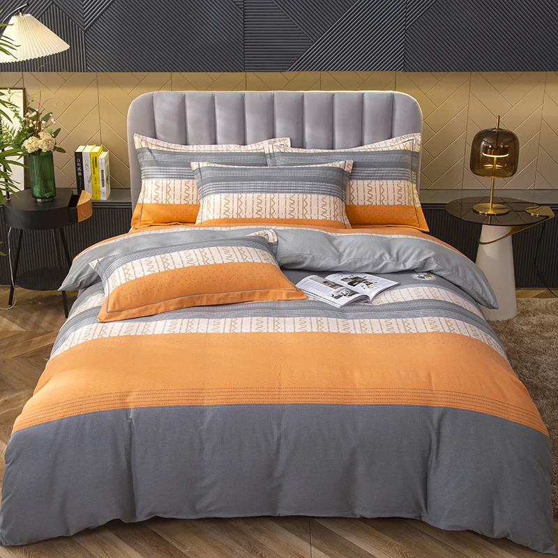 丽人凯 经典条纹款全棉斜纹高支高密四件套 都市英伦-桔 （惠）