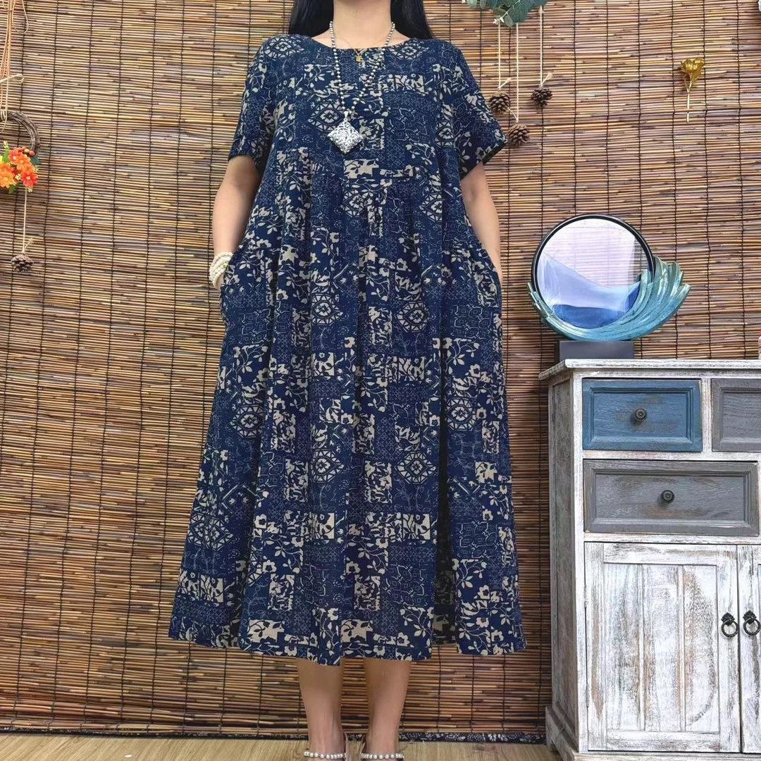 5748新款优雅显瘦气质A字版印花长款大摆连衣裙时尚复古
