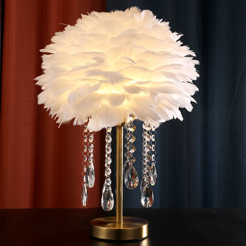九铂台灯轻奢ins少女水晶灯羽毛台灯卧室床头灯温馨浪漫客厅装饰