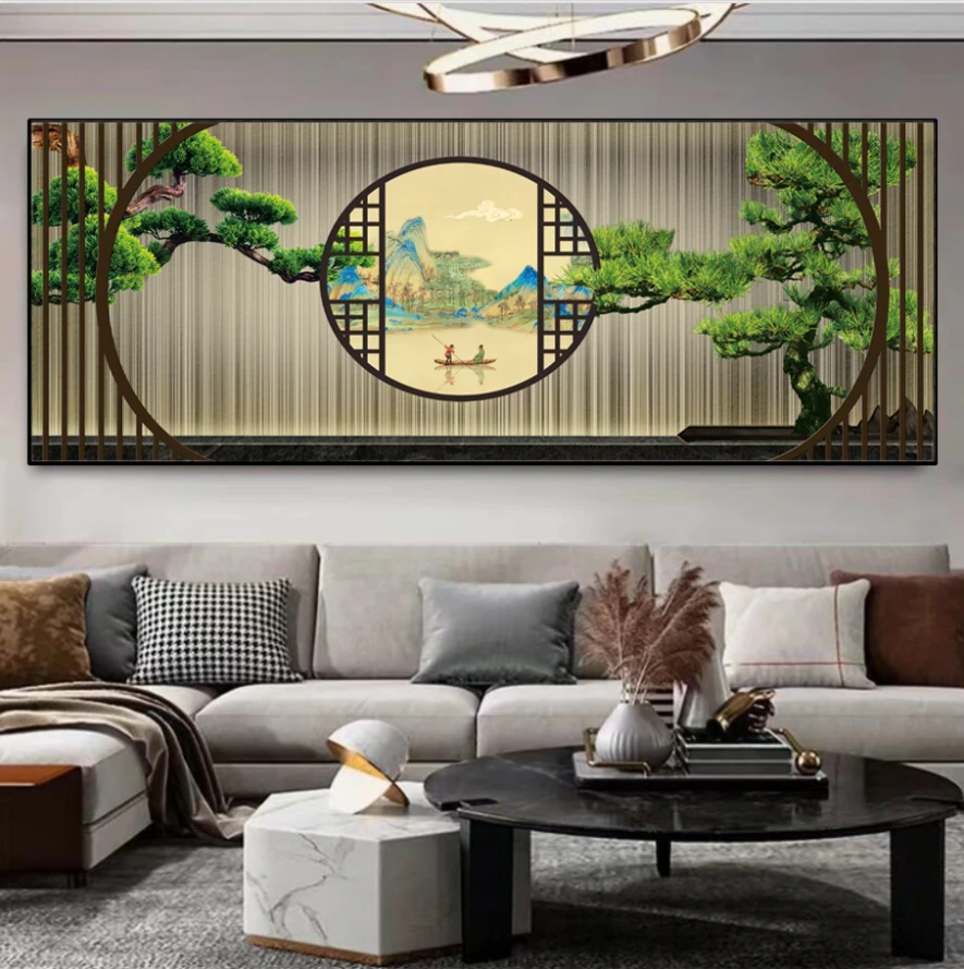 新中式迎客松客厅装饰画高档绿植松树挂画沙发背景壁画轻奢晶瓷画