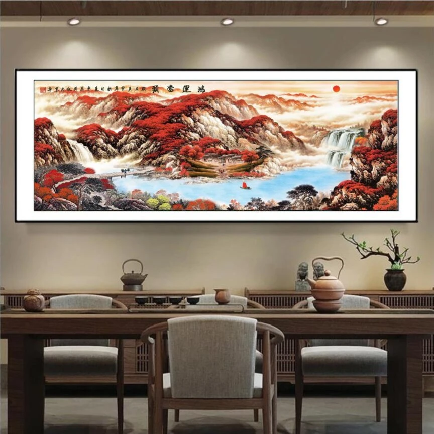 鸿运当头客厅横幅画 新款客厅沙发装饰挂画现代横版防水镶钻手工