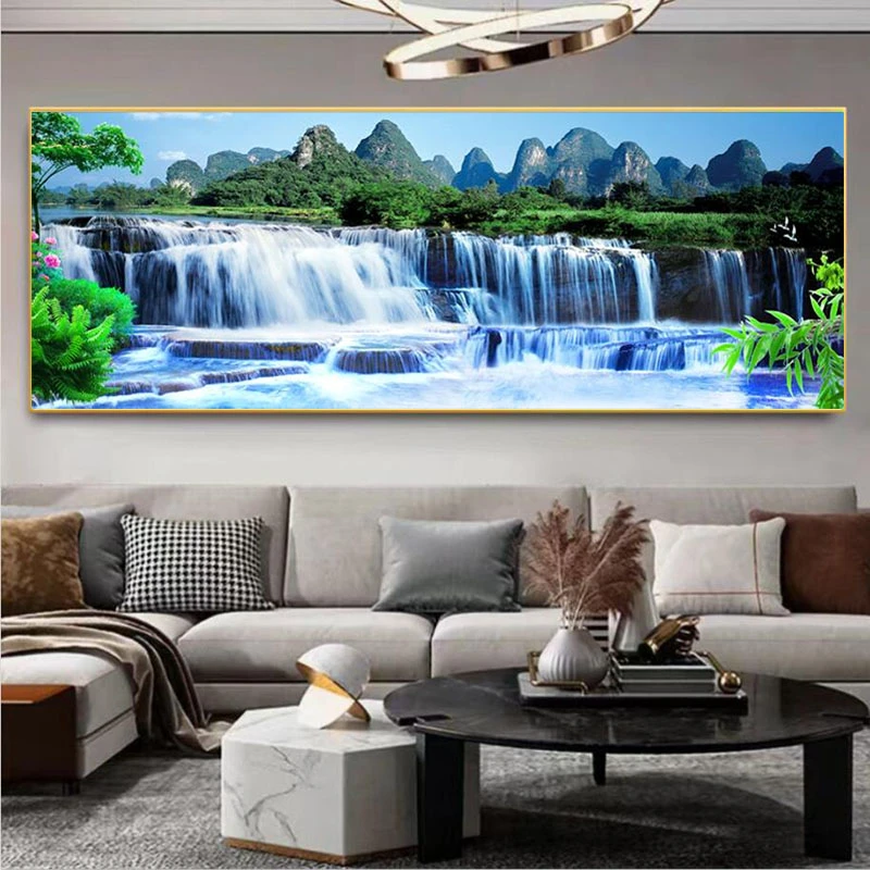 新中式山水画客厅沙发背景装饰画风景手工铝合金立体镶钻防水挂画