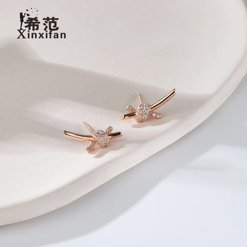 s925纯银个性简约设计感打结绳结耳钉玫瑰金色少女耳环