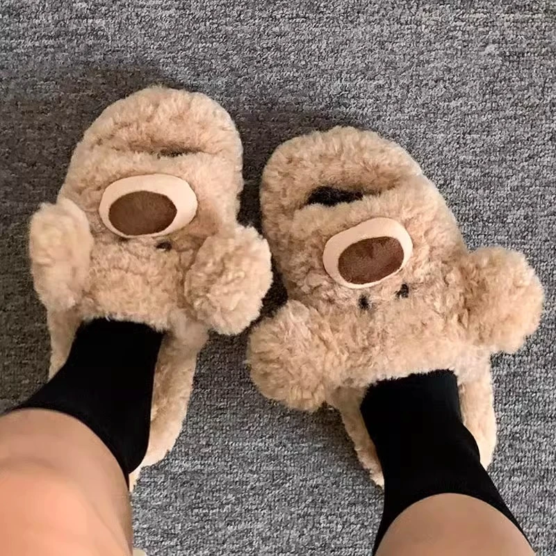 于文文同款24秋冬小熊女拖鞋气动耳玩偶毛绒拖鞋时尚一字拖厚底鞋