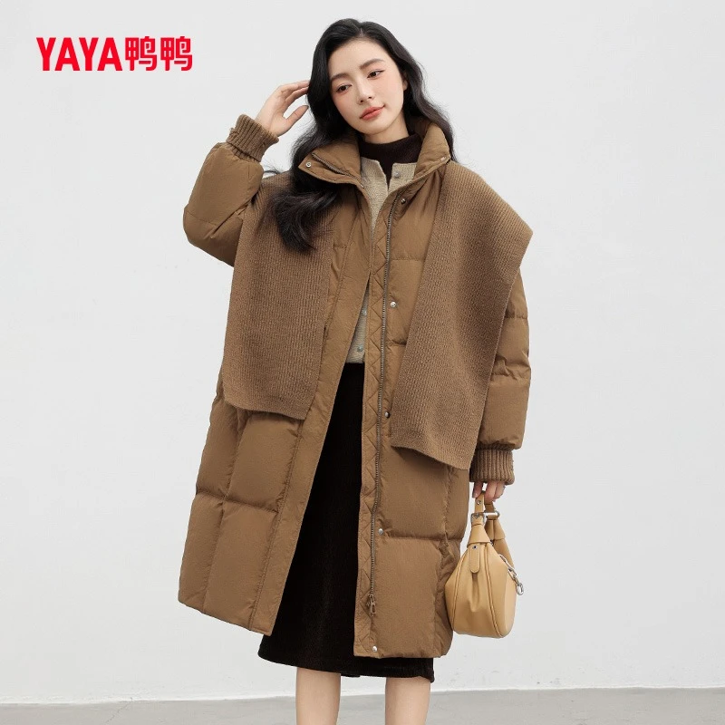 鸭鸭羽绒服女2024冬季新品长款针织披肩加厚立领宽松保暖外套J