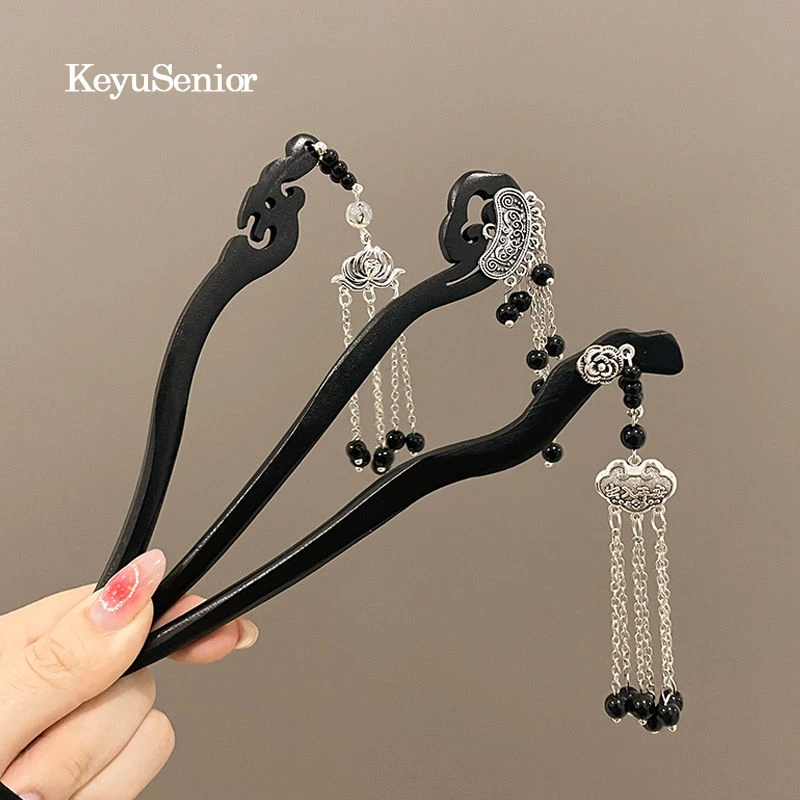 如意平安锁发簪同心锁高级感新中式古风旗袍秋冬儿童流苏盘发木簪