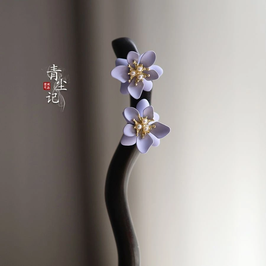 【紫曦】黑檀木紫色花盘发簪子古风中国风手工簪子女清新超仙木发簪