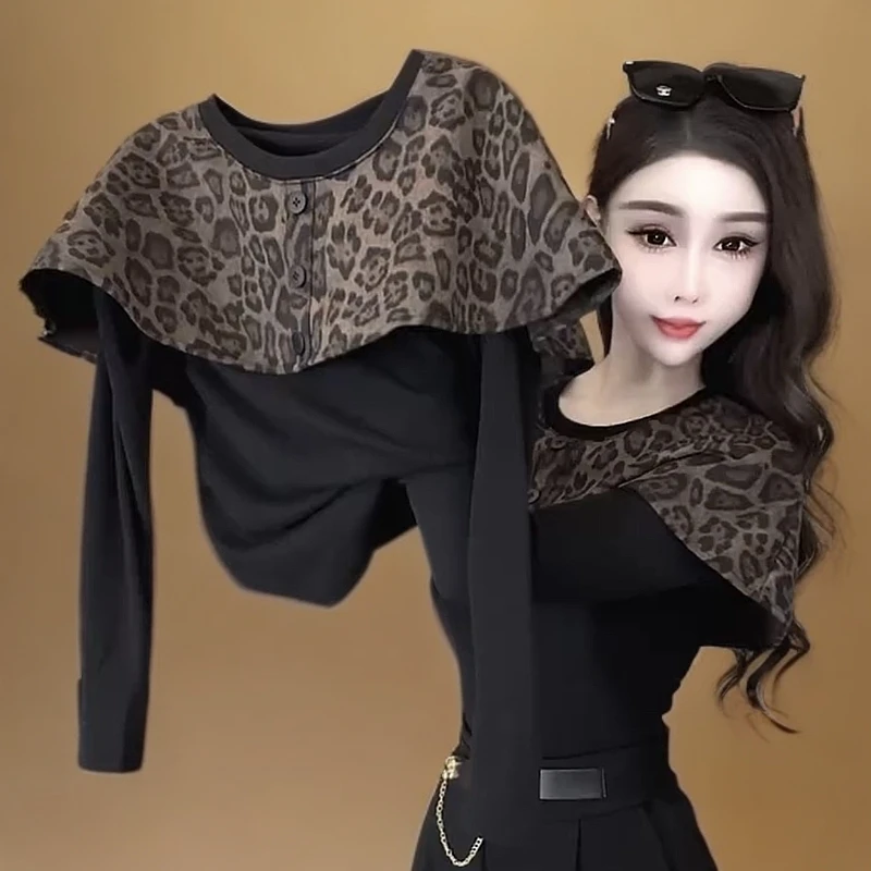 气质修身打底衬衫洋气新款秋冬品质女百搭内搭潮流豹纹假两件上衣