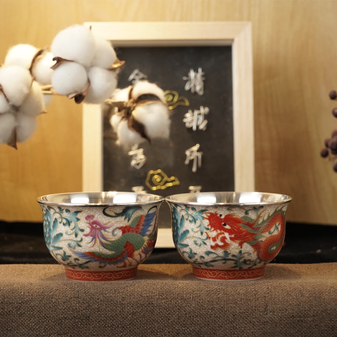 龙凤呈祥掐丝珐琅彩夫妻对杯功夫茶具包银12克足银999主人杯品茗