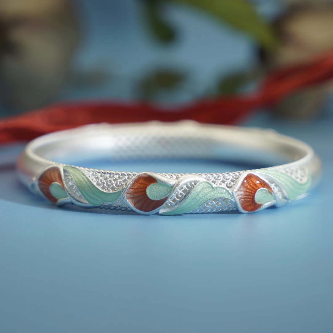 足银手镯 【寸六十】莲花掐丝镂空手镯 51克国风足银9999RCZSZ-047