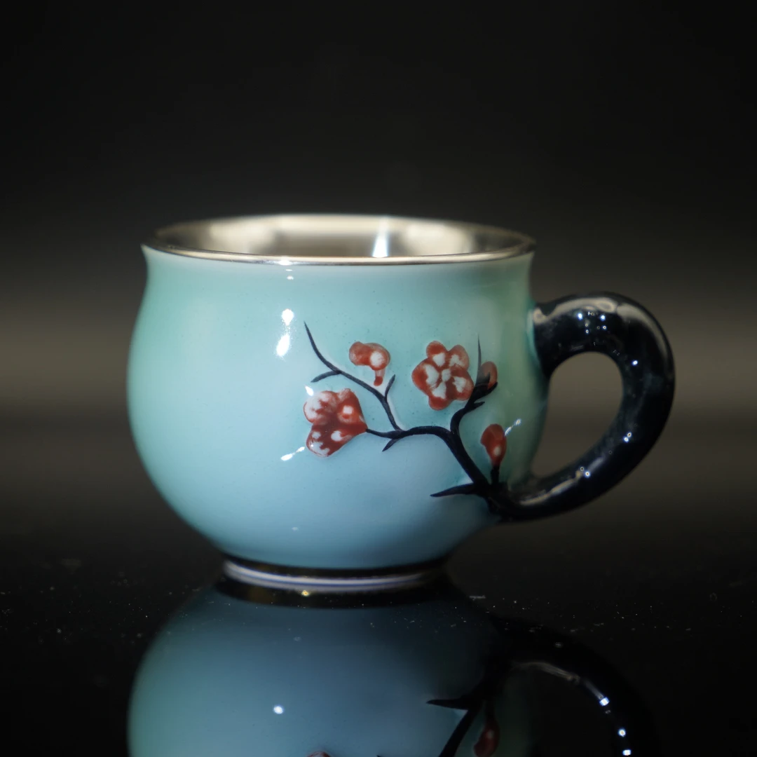 【寸六十】青色梅花瓷包银杯 足银内胆8克纯手工茶杯主人杯CBNF-026
