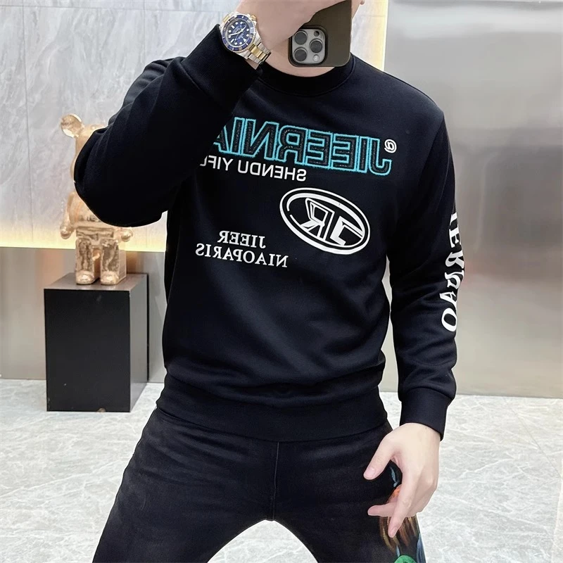 2024新款欧货秋冬男士卫衣加绒加厚圆领修身印花打底衫潮58262