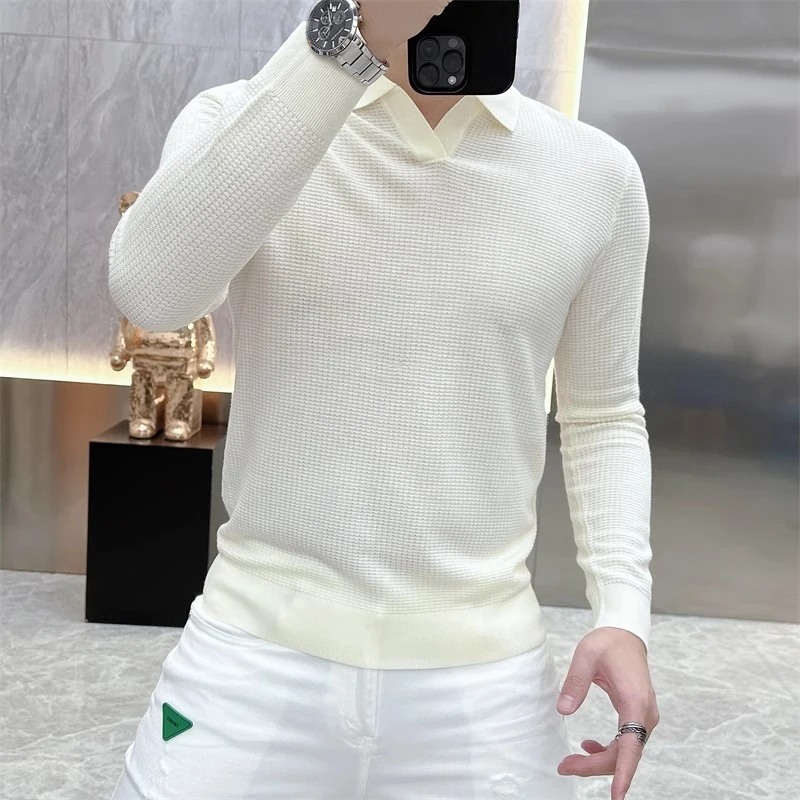 欧货轻奢高品质秋款长袖针织毛衣纯色春秋男士休闲圆领短袖T恤潮