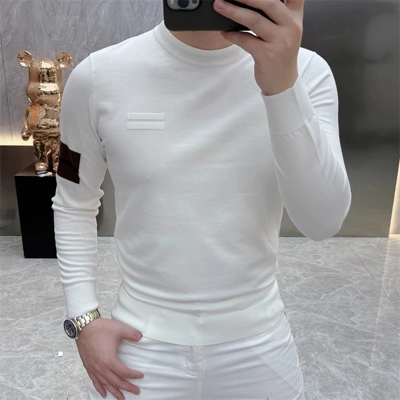 欧货轻奢高品质长袖男士秋冬季针织毛衣百搭修身条纹圆领上衣修身