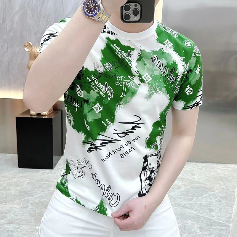 t恤上衣男士夏季半袖个性印花圆领体恤网红百搭修身迷彩ins帅气潮