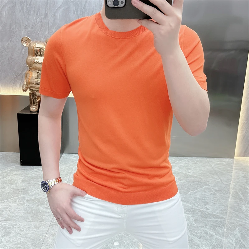 欧货短袖T恤男士休闲百搭夏季针织冰丝半袖上衣纯色修身简约圆领