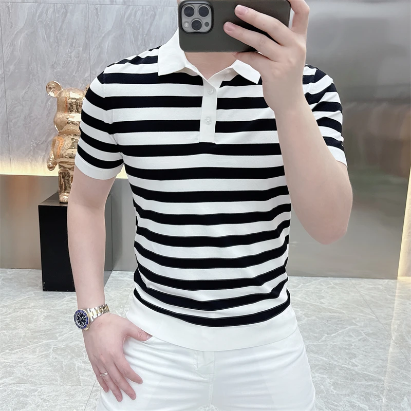 欧货男装短袖t恤冰丝夏季时尚休闲条纹半袖polo针织港风百搭修身t