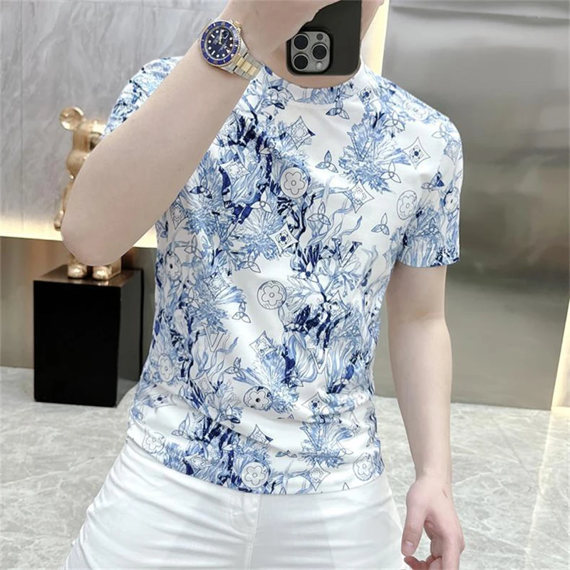 欧货轻奢短袖T恤男士休闲百搭夏季半袖潮流修身圆领印花上衣帅气t