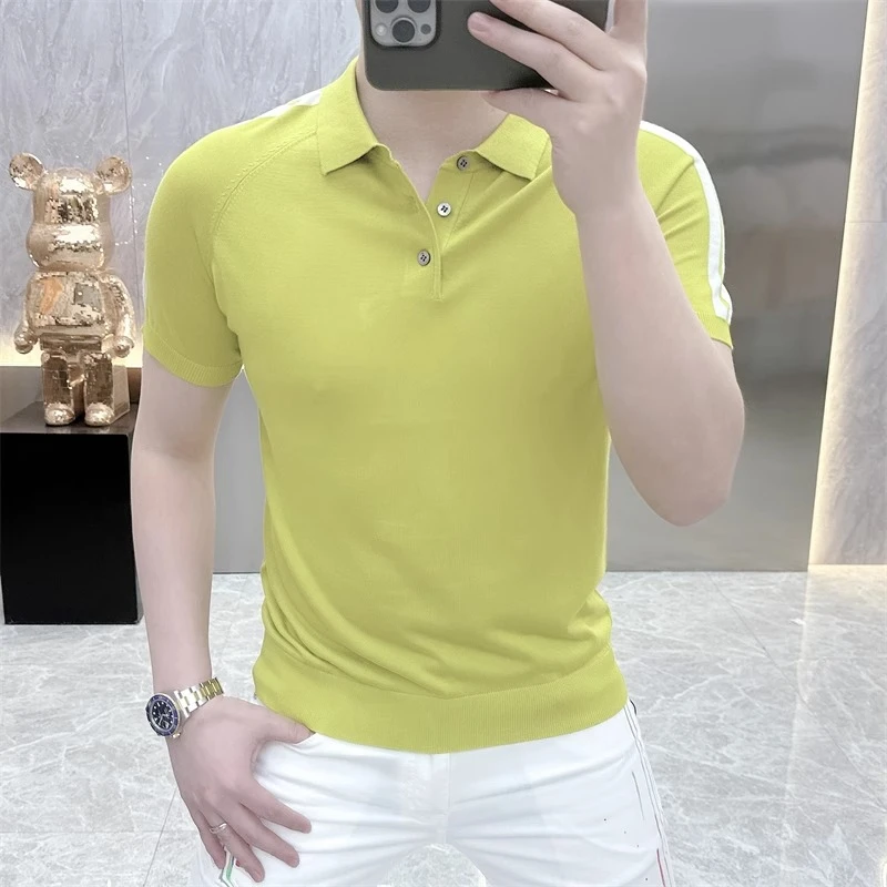 欧货轻奢短袖POLO男士针织冰丝半袖百搭夏季潮流修身纯色翻领上衣