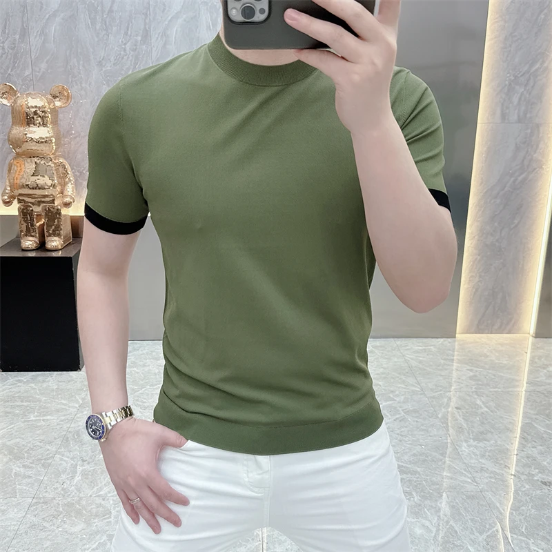 欧货韩版短袖t恤男圆领夏季针织半袖上衣冰丝薄款纯色时尚百搭潮t