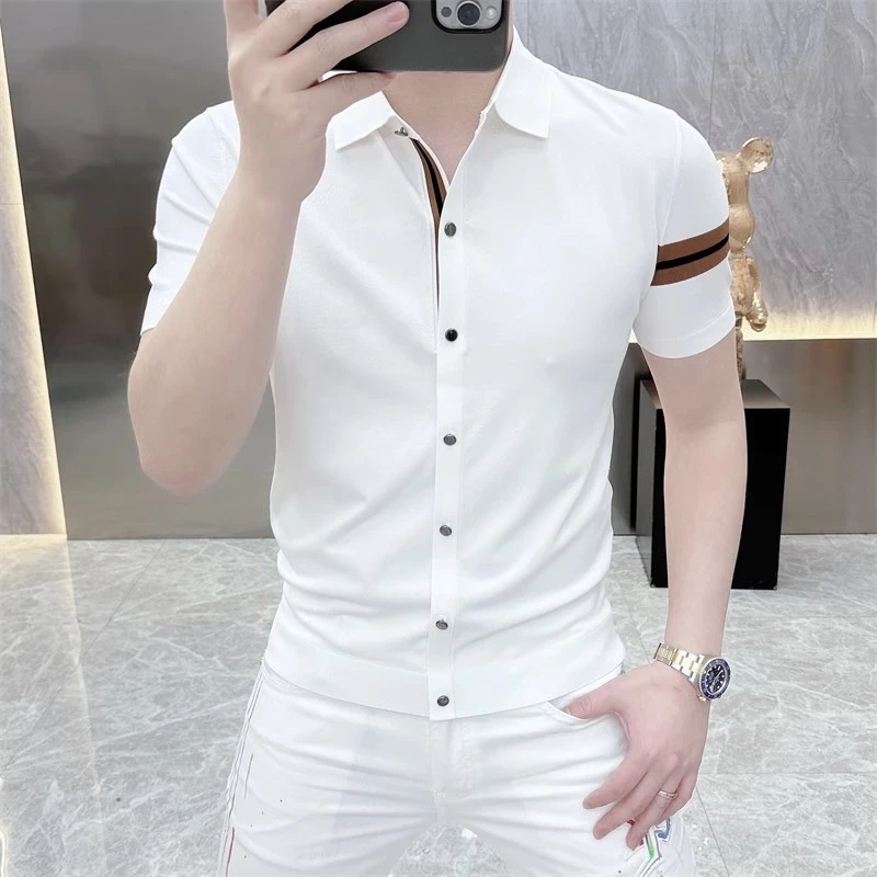 2024夏季新款高档轻奢针织短袖T恤男士衬衫痞帅修身百搭衬衣翻领