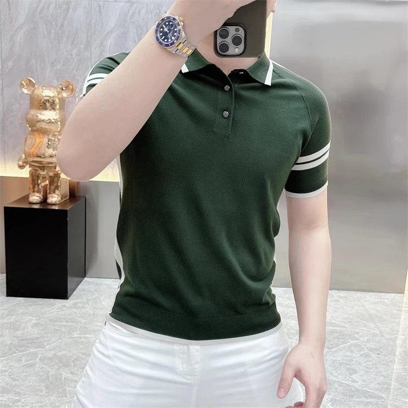 欧货轻奢短袖POLO男士针织冰丝半袖百搭夏季潮流修身纯色翻领上衣