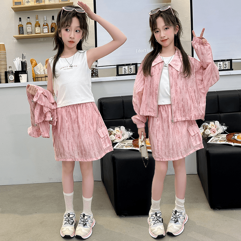 女童防晒服套装夏季2024新款洋气中大童背心防晒衣半身裙三件套潮