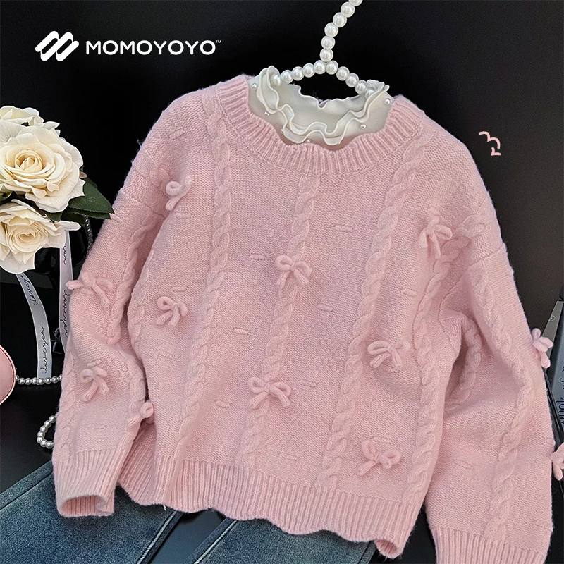 辰辰妈【苏芳】秋冬女童麻花纹路蝴蝶结毛衣 7146D