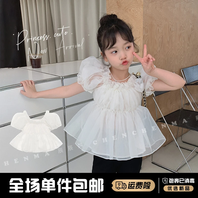 辰辰妈【现货】【告白气球】网纱雪纺衬衫夏装洋气女童仙女上衣3955D