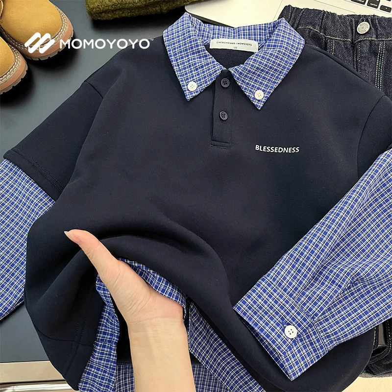 辰辰妈【男主角】男童秋装假两件格子加绒卫衣儿童保暖上衣7021D